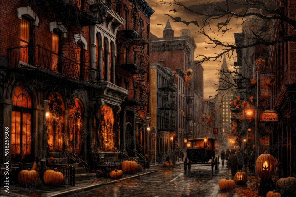 Home interior decorated with Halloween pumpkins, AI Generated