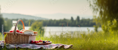 Picnic basket with fruit and bakery on meadow. Large copy space. Panoramic view. Holiday, weekend spring, summer vacation concept. Generative AI