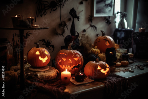 Home interior decorated with Halloween pumpkins  AI Generated