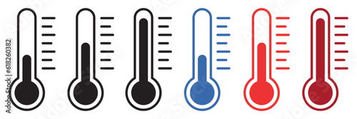 Set of temperature icons. Weather symbols, termometer sign. Temperature scale, the temperature from cold to hot. Vector.