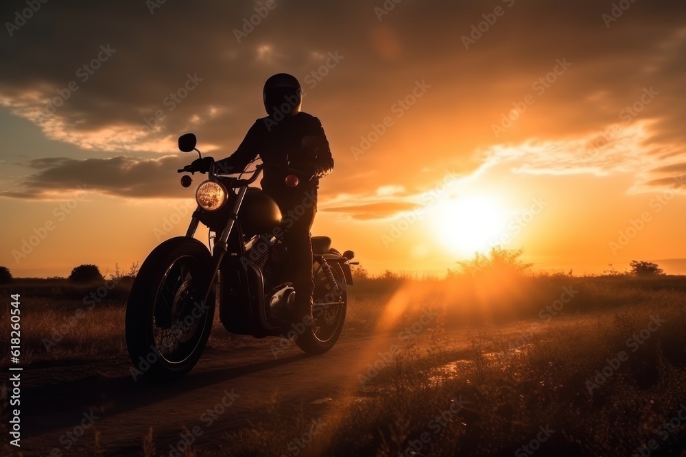 Silhouette of a motorcyclist on a motorcycle at sunset, Generative AI