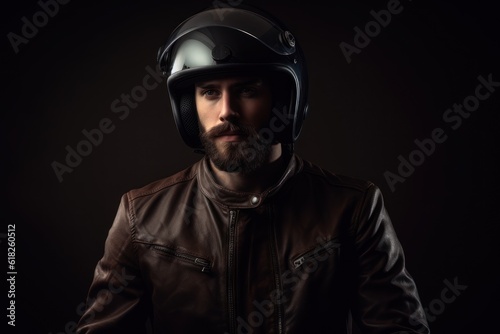 Portrait of a bearded man in a leather jacket and helmet. Generative AI © LAYHONG