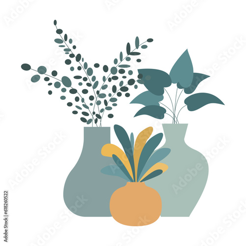 Pottery Vases with House plants. Hand drawn