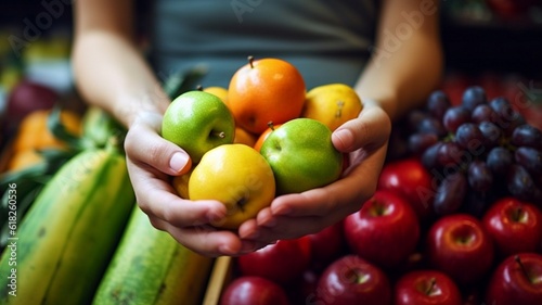 Fototapeta Naklejka Na Ścianę i Meble -  Lots of fruits at the hand of a woman, fruits closeup view, vegetable at the hand of a woman, vegetable closeup view