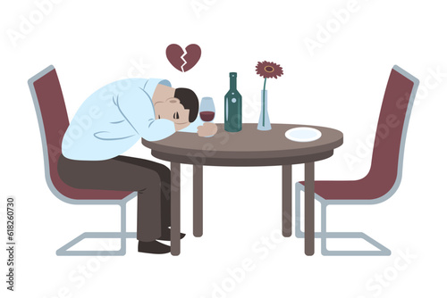 Heartbroken abandoned man lying at round table. Cracked heart. Broken date. Valentine. Flower, vase, bottle of alcohol, glass of wine, plate, restaurant, cafe, alcoholism.