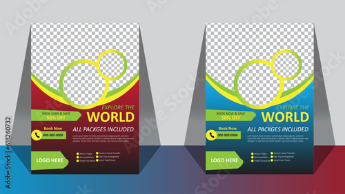 Travel poster or flyer template brochure design layout space for photo background. Yellow Travel flyer template for travel agency explore world package