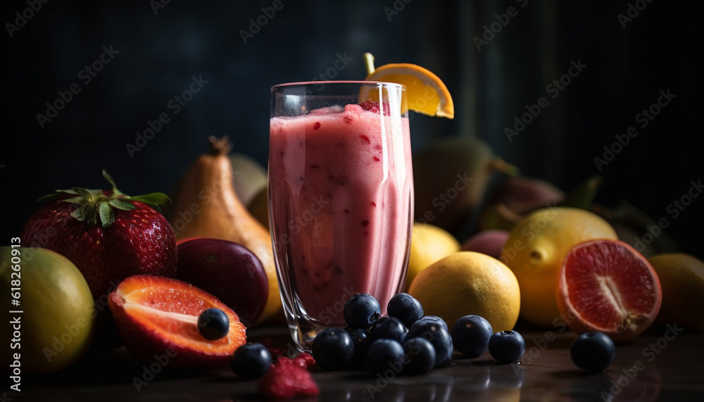 Organic berry smoothie on rustic wooden table generated by AI Organic berry smoothie on rustic wooden table generated by AI