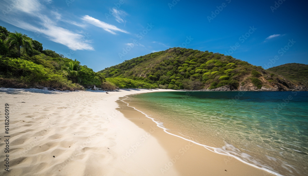 Idyllic tropical coastline, tranquil waters, palm trees sway generated by AI