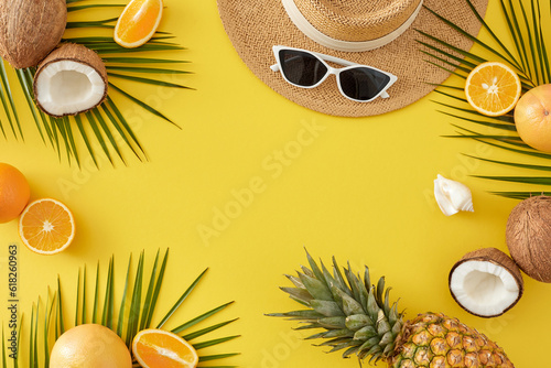 Summer concept influenced by tropical fruits. Top view composition of sun hat, eyewear, juicy citrus, pineapple, ripe coconuts, seashell, palm leaves on yellow background with blank space for text