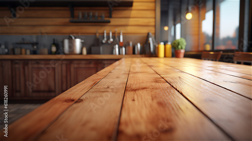 Empty Wooden Table Surface, blur kitchen interior background. Ideal for Product Placement as a Backdrop. Ai generative.