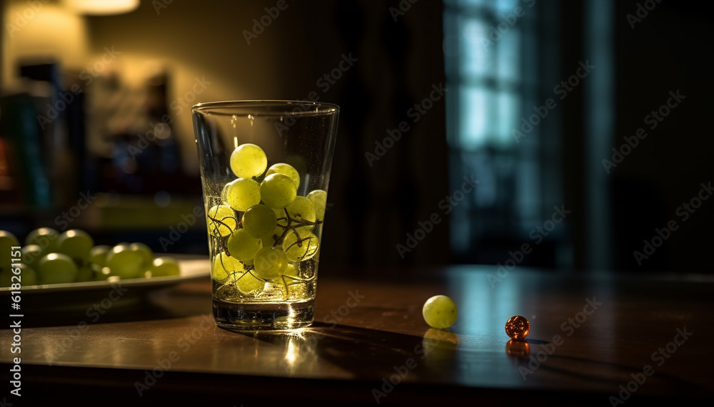 Fresh fruit cocktail in green glass indoors generated by AI Fresh fruit cocktail in green glass indoors generated by AI