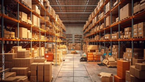 Retail Warehouse full of Shelves with Goods in Cardboard Boxes, Move Inventory with Pallet Trucks and Forklifts. Product Distribution Delivery Center