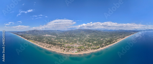 Aerial view of Paralia Kakovatos beach on the Peloponnese peninsula in Greece