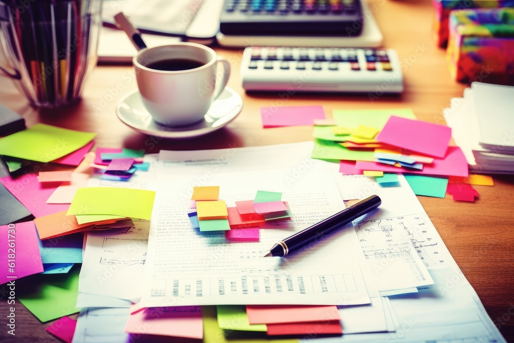 desk with documents and sticky notes and stationary desk with documents and sticky notes and stationary