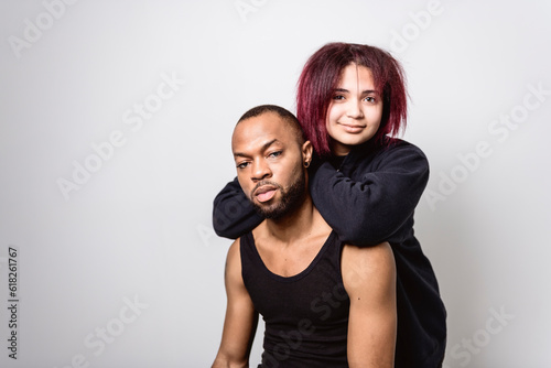 black African Man with black clothes on studio white background