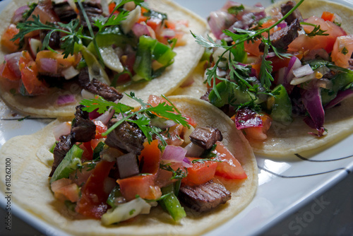 Open Grilled Beef Tacos with fresh Salsa, Up Close Perspective - 3