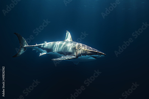 great white shark swimming in the deep blue ocean, generative ai