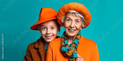 cool old grandmother with hat and granddaughter, crazy colorful lifestyle concept, fictional persons created with generative ai