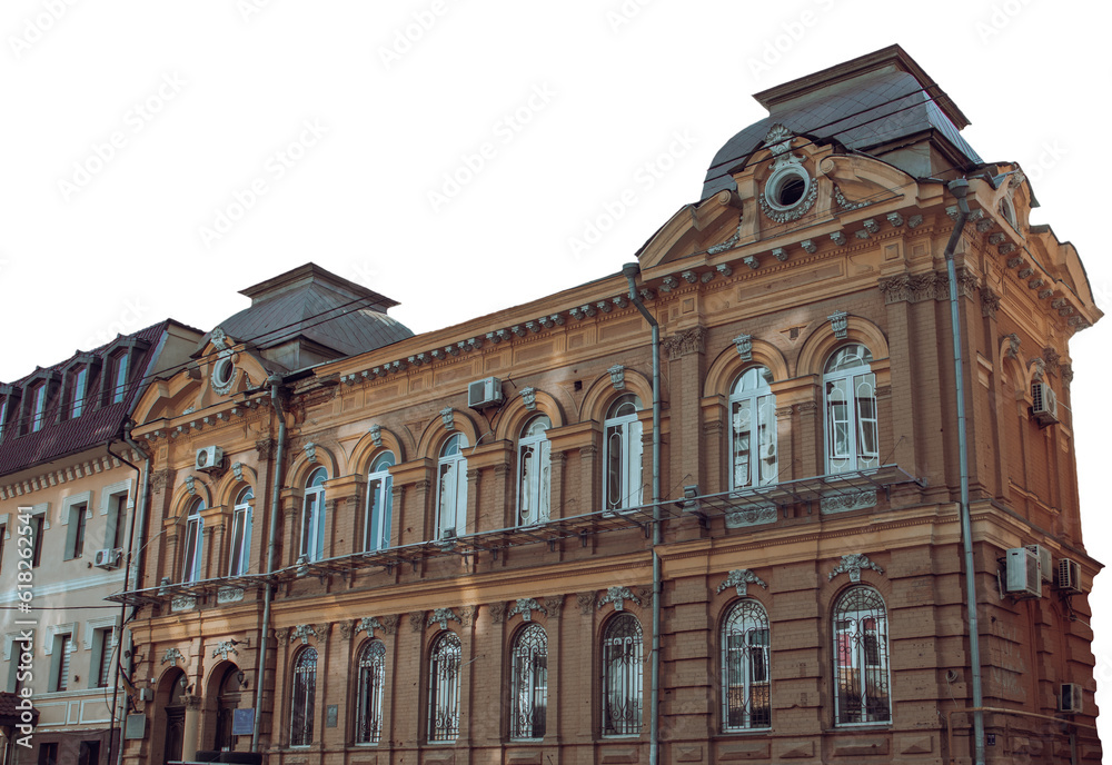 City center building with panoramic windows isolated PNG photo with transparent background.