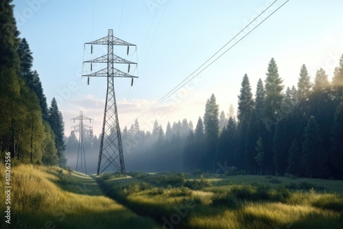 Electric transmission tower pylons stretching across