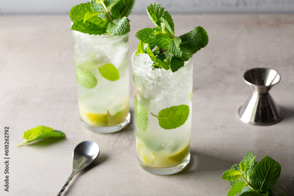 Homemade Mojito Cocktail refreshment rum, lime juice, mint leaves and soda water Homemade Mojito Cocktail refreshment rum, lime juice, mint leaves and soda water