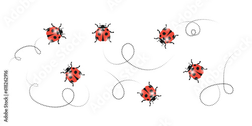 Ladybug cartoon icons set. Ladybugs fly along a dotted path. Vector illustration isolated on white background.