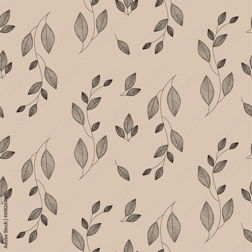 Seamless patern, black twigs with leaves on a light beige background, floral contour pattern, wedding ornament, freehand digital vector drawing. Seamless patern, black twigs with leaves on a light beige background, floral contour pattern, wedding ornament, freehand digital vector drawing.