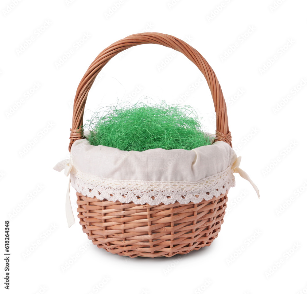 Easter wicker basket with decorated grass isolated on white Easter wicker basket with decorated grass isolated on white