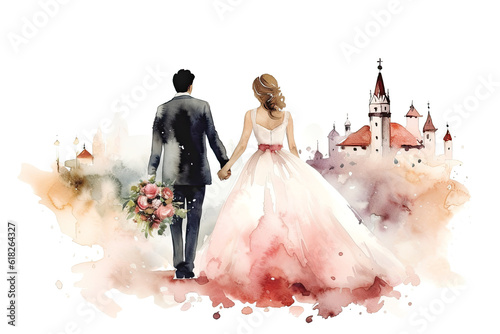 Fotografia Watercolor Catholic Church with Groom and Bride Isolated on White, wedding backg