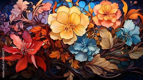 A stained glass-inspired artwork featuring intricate floral designs in a vibrant array of colors. (Generative AI)