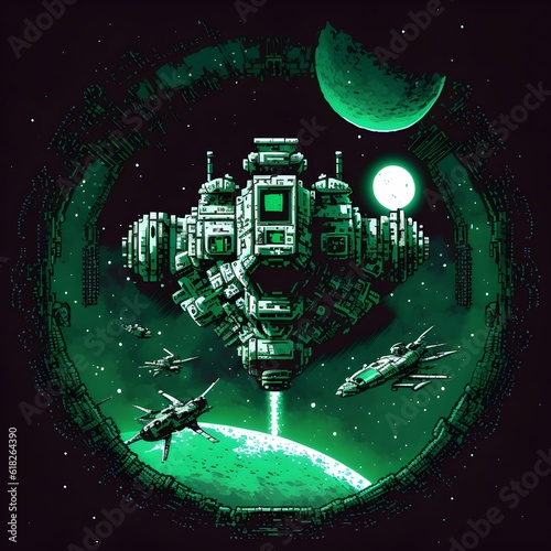 pixel art space station installation in murky green nebula docking ring sateltite dishes sensor array asteroids background snes style 