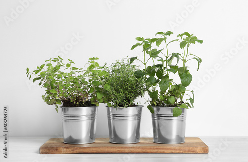 Different aromatic potted herbs on white wooden table