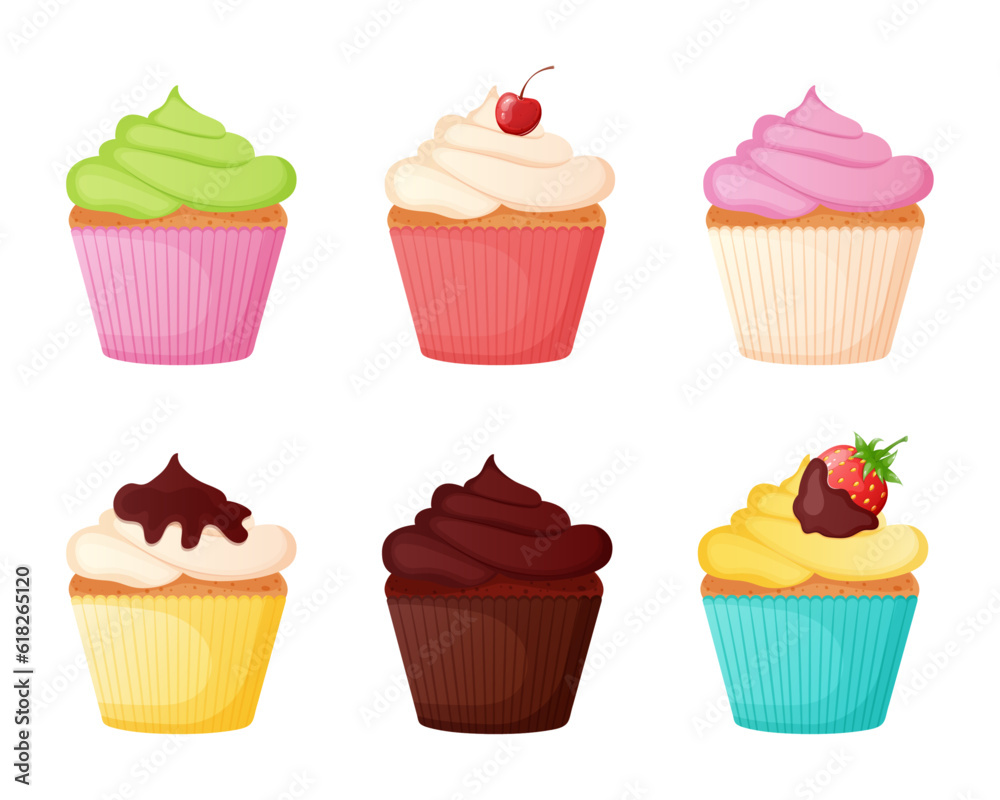 Set of different color cream cupcakes with cherry and strawberry in chocolate decoration. Set of different color cream cupcakes with cherry and strawberry in chocolate decoration.