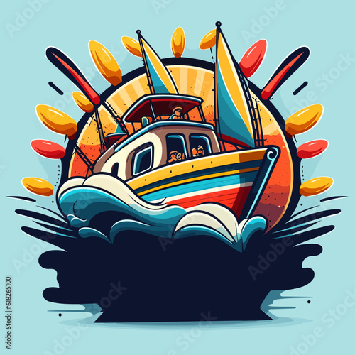 A small motorboat. Motorboat rental. Maintenance and service of motor boats. Cartoon vector illustration