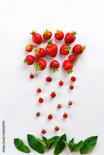 Cloud and rain from strawberries with mint on a white background. Vertical orientation, top view.