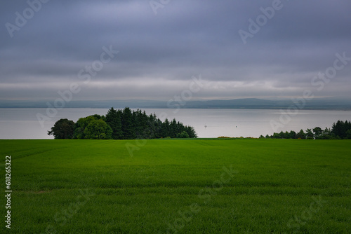 2023-06-04 LUSH GREEN FIELDS WITH DARK TREES ONTHE HORIZON AND A CLOUDY SKY AND SEA IN CROMARTY SCOTLAND © Michael J Magee