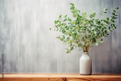 eucalyptus in a vase with wooden desk AI Generated © NikahGeh