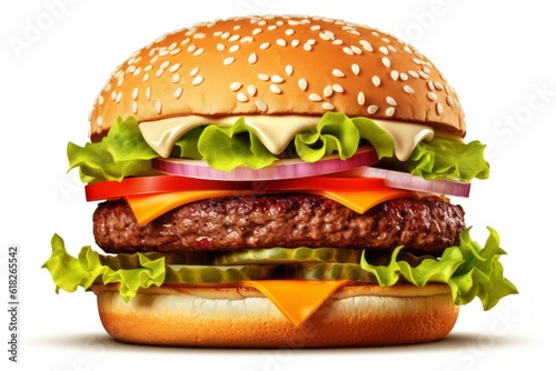 tasty burger isolated on white background fresh ham, cheese and tomato. Made with Generative AI