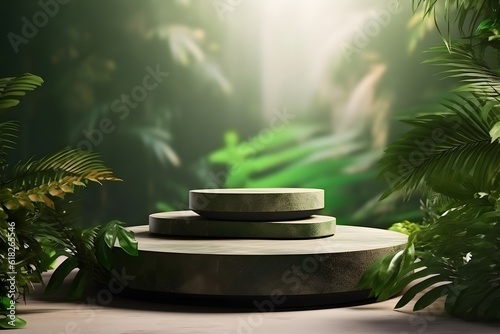 Stone display podium for cosmetic products with green background, Generative AI, Generative, AI