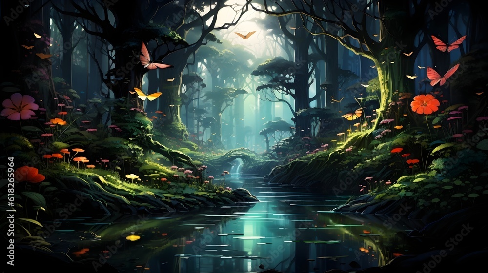 Fototapeta premium A surrealist-inspired artwork merging a serene forest landscape with floating, dreamlike elements. (Generative AI)