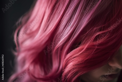 Young girl with pink long curly hair on a dark background.generative ai