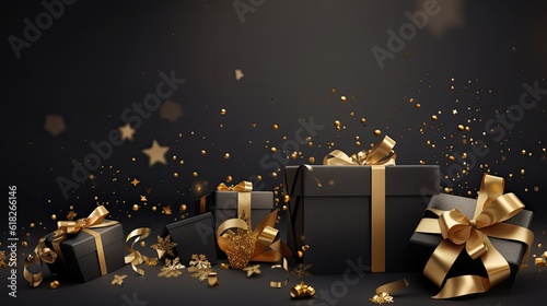 Photo of black gift boxes with golden ribbon bow tag and golden confetti on isolated black background with blank space. New year. Birthday
