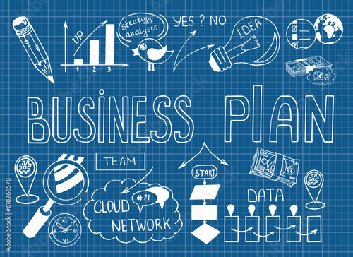 Business doodle sketch set: infographics elements isolated, vector shapes. It include lots of icons included graphs, stats, devices, chart, concepts, strategy. Vector hand drawn blueprint illustration