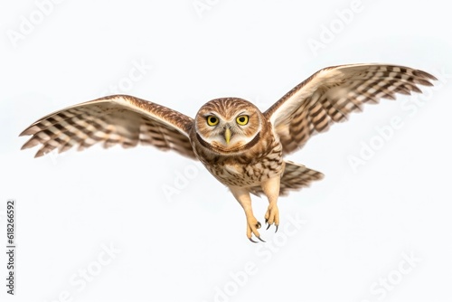 An owl flying through the air with its wings spread created with Generative AI technology