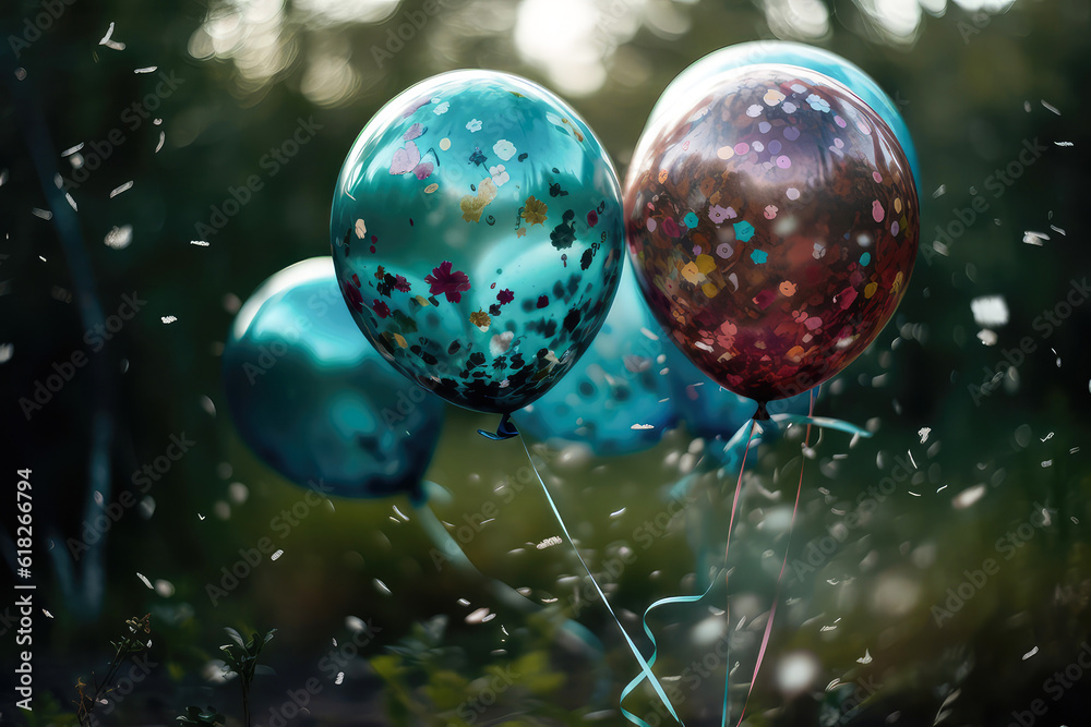 Holidays turquoise background with balloons, confetti, sparkles, lights. Anniversary. Banner for birthday, party, Christmas, New Year, promotion social media cover. Generative Ai Holidays turquoise background with balloons, confetti, sparkles, lights. Anniversary. Banner for birthday, party, Christmas, New Year, promotion social media cover. Generative Ai