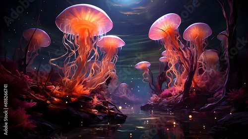 A neon inspired artwork combining photography and digital painting to create a surreal underwater scene with floating jellyfish and vibrant coral reefs. (Generative AI)
