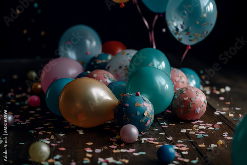 Holidays background with balloons, confetti, sparkles, lights. Anniversary. Banner for birthday, party, Christmas, New Year, promotion social media cover. Generative Ai