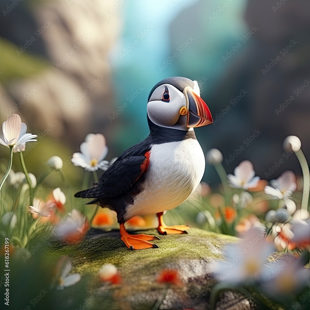 Naklejka premium A puffy Atlantic puffin standing on a rock in a field of flowers created with Generative AI technology