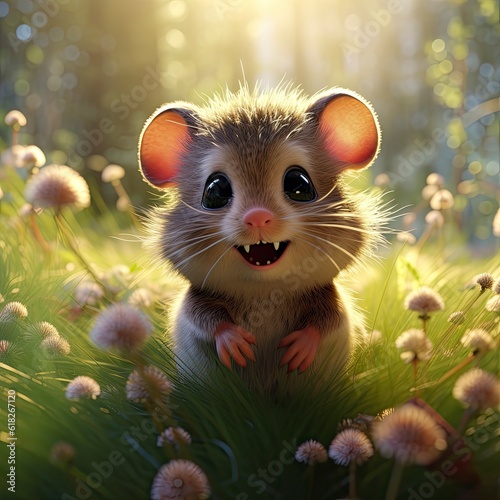 A little mouse sitting in a field of dandelions created with Generative AI technology