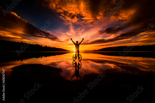 Cyclist with his hands up looking at a sunset on the edge of a lake. AI Generative.